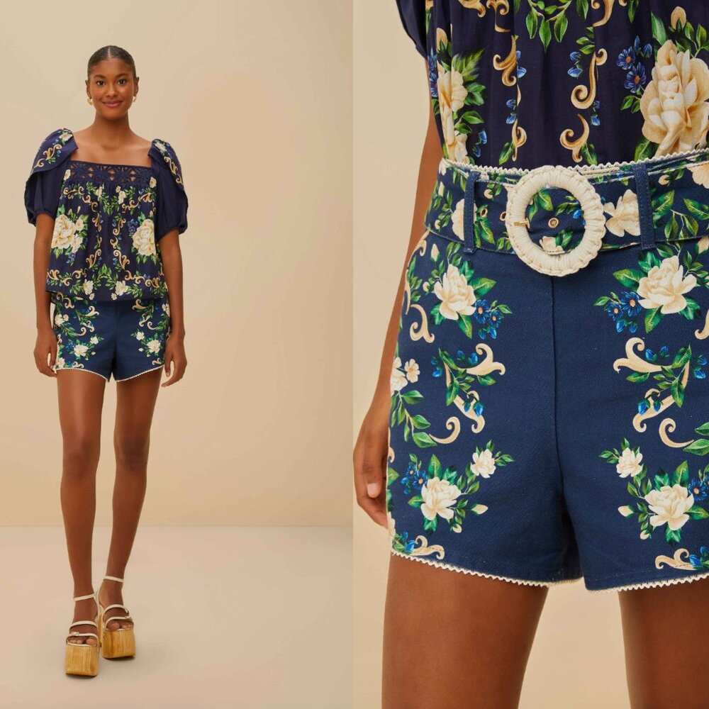 NWT Farm Rio High Rise Belted Navy Blue Flower Tapestry Shorts Size 30 Medium